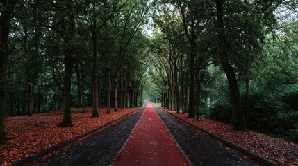 A red-striped road winds through a tunnel of tall trees with autumn foliage scattered