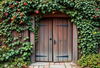 Antique wooden garden gate, overgrown with ivy, texture, detail