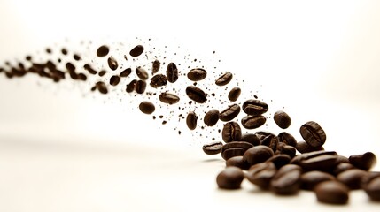 Obraz premium Roasted Coffee Beans in Motion, Flying, Falling, White Background