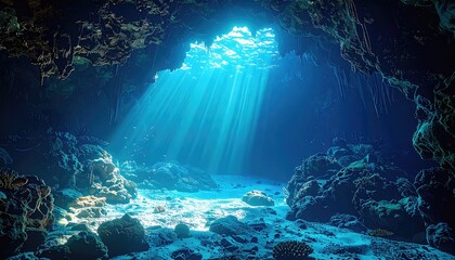 Sunbeams illuminate an underwater cave's sandy floor, piercing the dark, rocky walls and illuminating vibrant coral