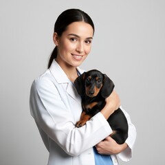A smiling veterinarian holding a dachshund puppy in her arms, showcasing the bond between humans and animals, representing healthcare and compassion in a professional setting .