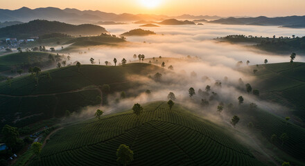Lush tea fields with morning mist