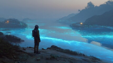 A lone astronaut gazes at a luminous shoreline, bathed in ethereal blue light, reflecting the mysteries of a distant world.