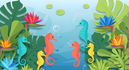 Naklejka premium Playful seahorses swimming among vibrant tropical plants create a whimsical ocean scene perfect for children's books and cheerful summer designs