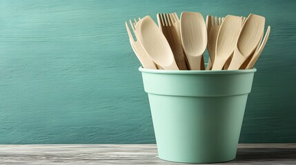Eco-Friendly Bamboo Utensils in Mint Green Pot