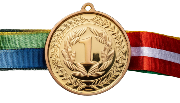 Gold medal award with ribbon showing number one for winning competition