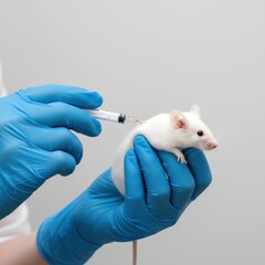 Veterinarian Carefully Administers Injection to White Laboratory Mouse Held in Hands with Blue Gloves for Scientific Experiments in Biomedical Research Lab or Pet Health Care Treatment Concept