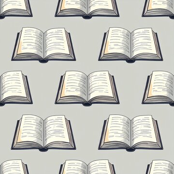 Motif sans couture avec livres ouverts stylis&eacute;s sur fond gris-vert pastel. Generated image