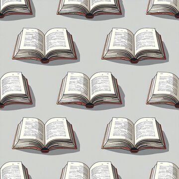 Motif sans couture avec livres ouverts stylis&eacute;s sur fond gris-vert pastel. Generated image