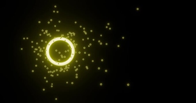 Anima&ccedil;&atilde;o sci-fi abstrata de anel/sol neon amarelo cercado por part&iacute;culas luminosas sobre fundo preto profundo. Loop cont&iacute;nuo em 4K com amplo espa&ccedil;o para texto
