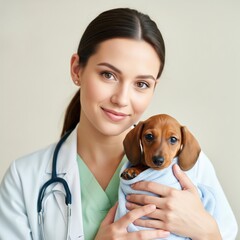 Smiling veterinarian holding a cute dachshund puppy wrapped in a blue towel, showcasing a caring and professional approach to pet care, promoting veterinary services and animal welfare .