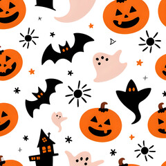 Vector illustration for Halloween themed background with pumpkins and ghosts