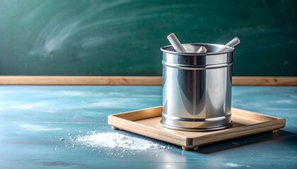 Metal Bucket with Chalk on Wooden Tray in Classroom Setting