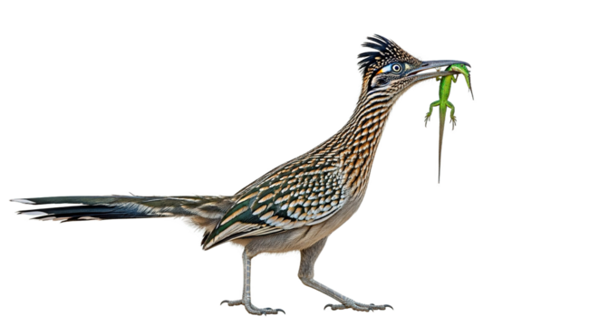 Roadrunner bird holds a green lizard in its beak isolated on white.