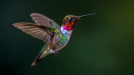 Fototapeta premium Hummingbird in Flight: A stunning ruby-throated hummingbird, caught mid-flight with wings spread, showcasing vibrant feathers and exquisite detail against a blurred green background.