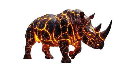 Fototapeta premium Digital artwork of a rhinoceros with lava-like markings on a white background.