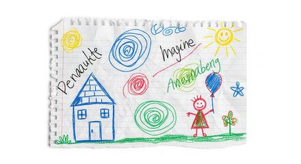 Child's colorful drawing of a house girl balloons and sun on paper with spiral designs