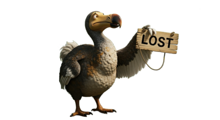 Dodo bird holds a lost sign in a lush green jungle environment.