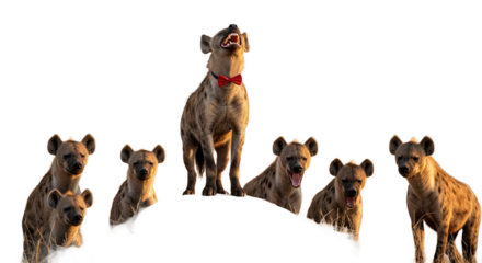 Group of hyenas standing on a rock in a dry grassy landscape.