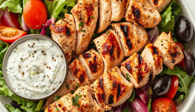 Grilled chicken skewers, yougurt sauce and vegetable salad. Roasted souvlaki, greek salad, tzatziki on white background