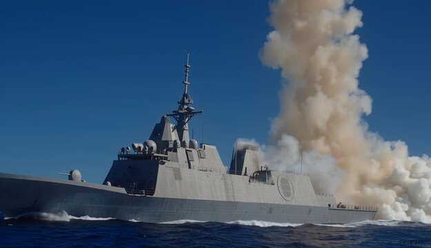 Gray naval corvette or frigate firing vertical launch missile with bright orange exhaust plume and white smoke cloud, modern warship on blue ocean waters during weapons test
