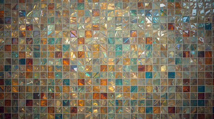 Fototapeta premium Mosaic Tiles: A close-up view showcasing an array of tiny, square mosaic tiles, meticulously arranged in a harmonious mosaic. A beautiful display of detail and elegance.
