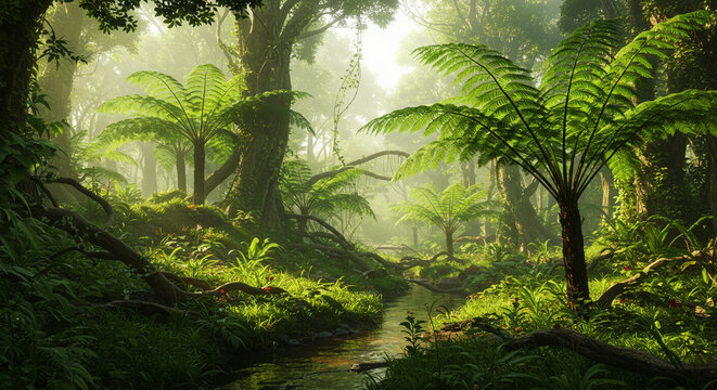 Wild jungle with giant ferns and vines