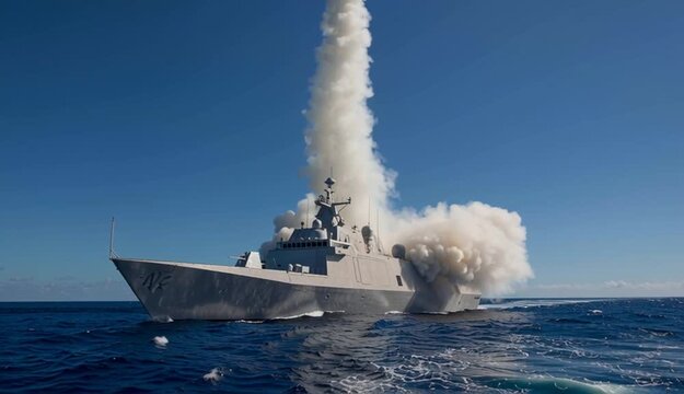 Gray naval corvette or frigate firing vertical launch missile with bright orange exhaust plume and white smoke cloud, modern warship on blue ocean waters during weapons test
