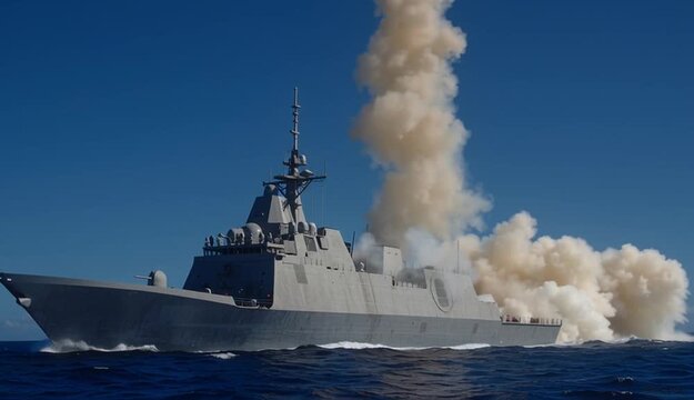 Gray naval corvette or frigate firing vertical launch missile with bright orange exhaust plume and white smoke cloud, modern warship on blue ocean waters during weapons test
