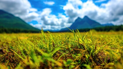Close-up view of vibrant green grass blades in a meadow, with a backdrop of mountains and a partly cloudy sky, showcasing a peaceful and serene landscape.