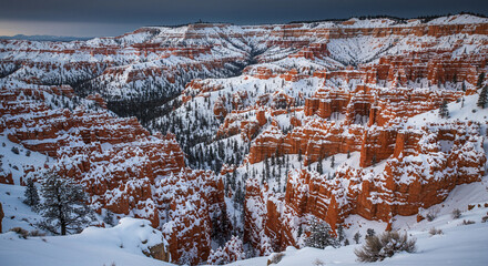 Snow-dusted canyon cliffs in winter