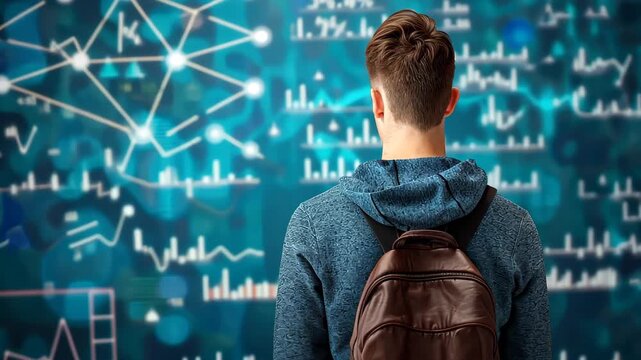 contemplating complex calculation: A young individual stands before a dynamic display of intricate equations and mathematical principles.