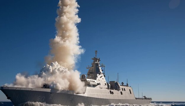 Gray naval corvette or frigate firing vertical launch missile with bright orange exhaust plume and white smoke cloud, modern warship on blue ocean waters during weapons test
