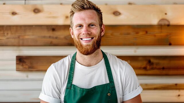Smiling Portrait: A warm, close-up portrait of a friendly individual, radiating joy and positivity. The natural wood backdrop adds a touch of rustic charm.