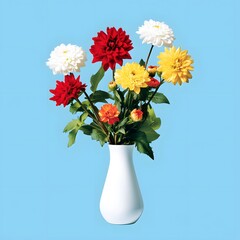 Obraz premium Vibrant Dahlia Bouquet in White Vase Minimalist Floral Still Life Photography