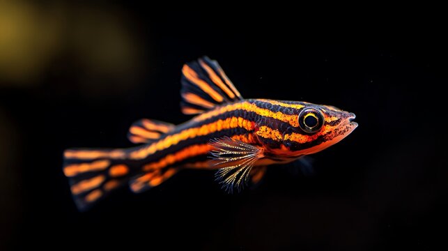 A vibrant zebra danio fish with striking orange and black stripes swims in dark water