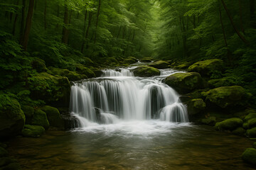 Fototapeta premium Soothing Waterfall in Lush Green Forest