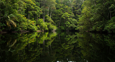 Calm lagoon reflecting jungle trees