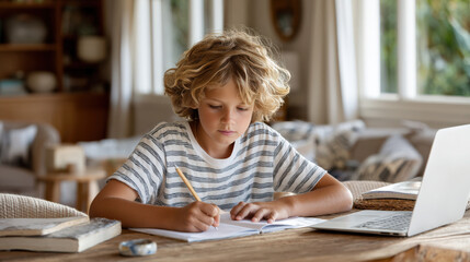 Boy writes in a notebook during online lessons, distance learning scene for education banners