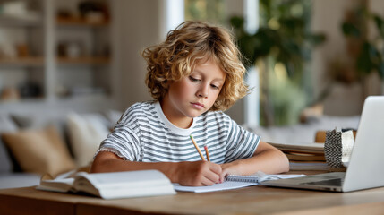 Boy writes in a notebook during online lessons, distance learning scene for education banners