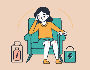 A young female exhausted character sitting in a chair with a low battery indicator above