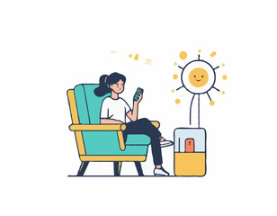 A young female exhausted character sitting in a chair with a low battery indicator above