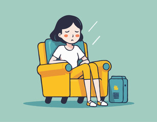 A young female exhausted character sitting in a chair with a low battery indicator above