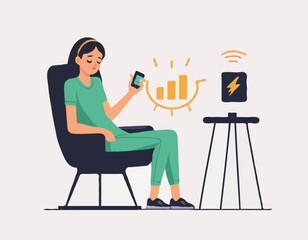 A young female exhausted character sitting in a chair with a low battery indicator above