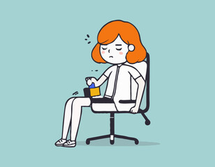 A young female exhausted character sitting in a chair with a low battery indicator above