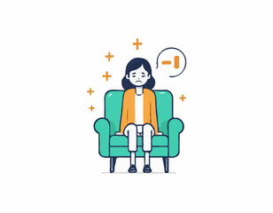 A young female exhausted character sitting in a chair with a low battery indicator above