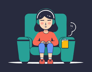 A young female exhausted character sitting in a chair with a low battery indicator above