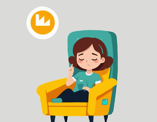 A young female exhausted character sitting in a chair with a low battery indicator above
