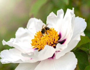 Close-up of a white peony with a bee