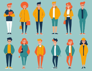 Set of flat vector characters in different poses. Young adults. Lifestyle illustration. Flat editable vector, clip art